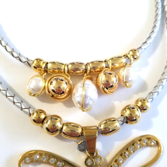 Silver Leather Braided Cord Double Layer Necklace w/ Butterfly - Picture 5 of 6